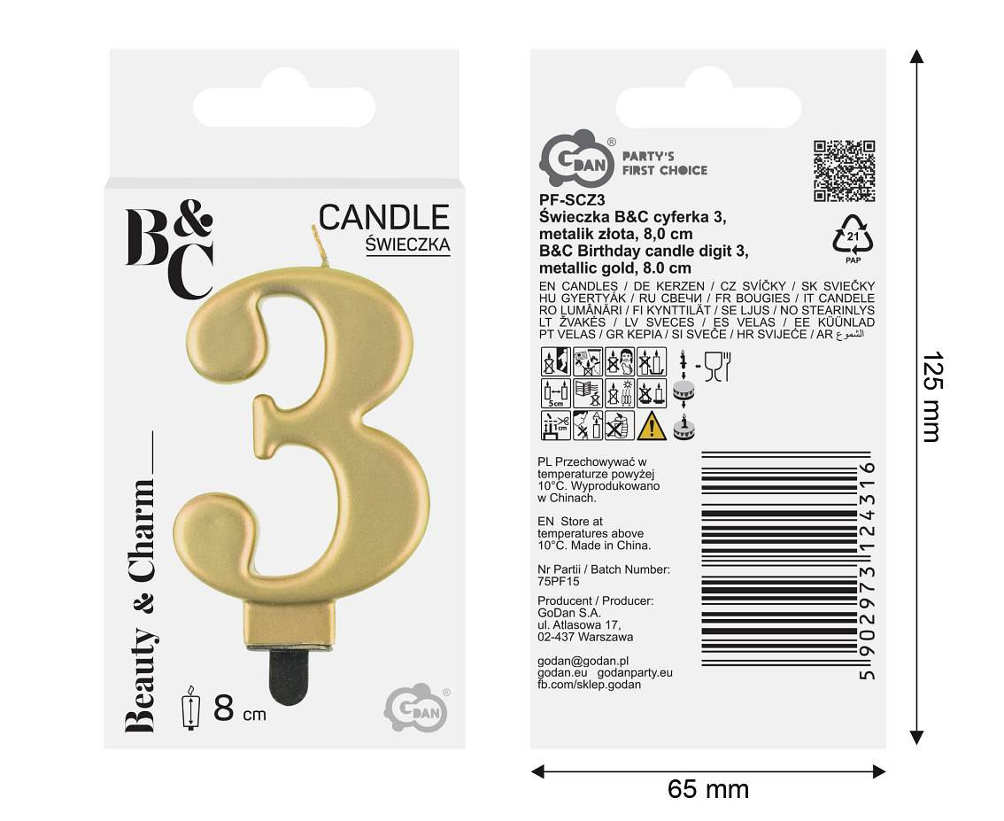 Birthday candle digit 3, metallic gold,  8.0 cm